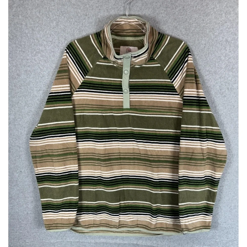 44 Degrees North Pullover Sweater Mens 2XL Green Brown Striped Fleece Outdoors